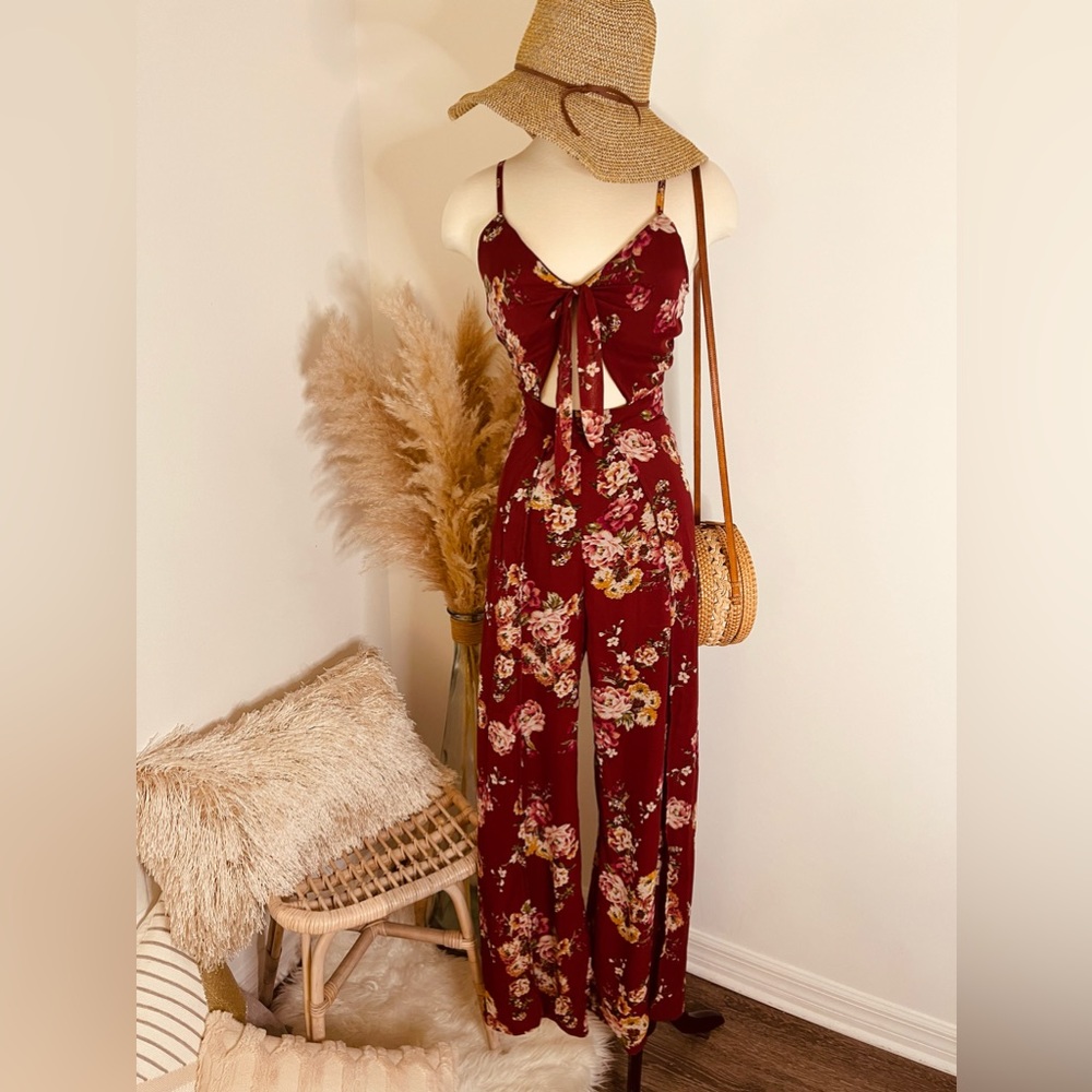 Sexy Burgundy Flower Print Jumpsuit